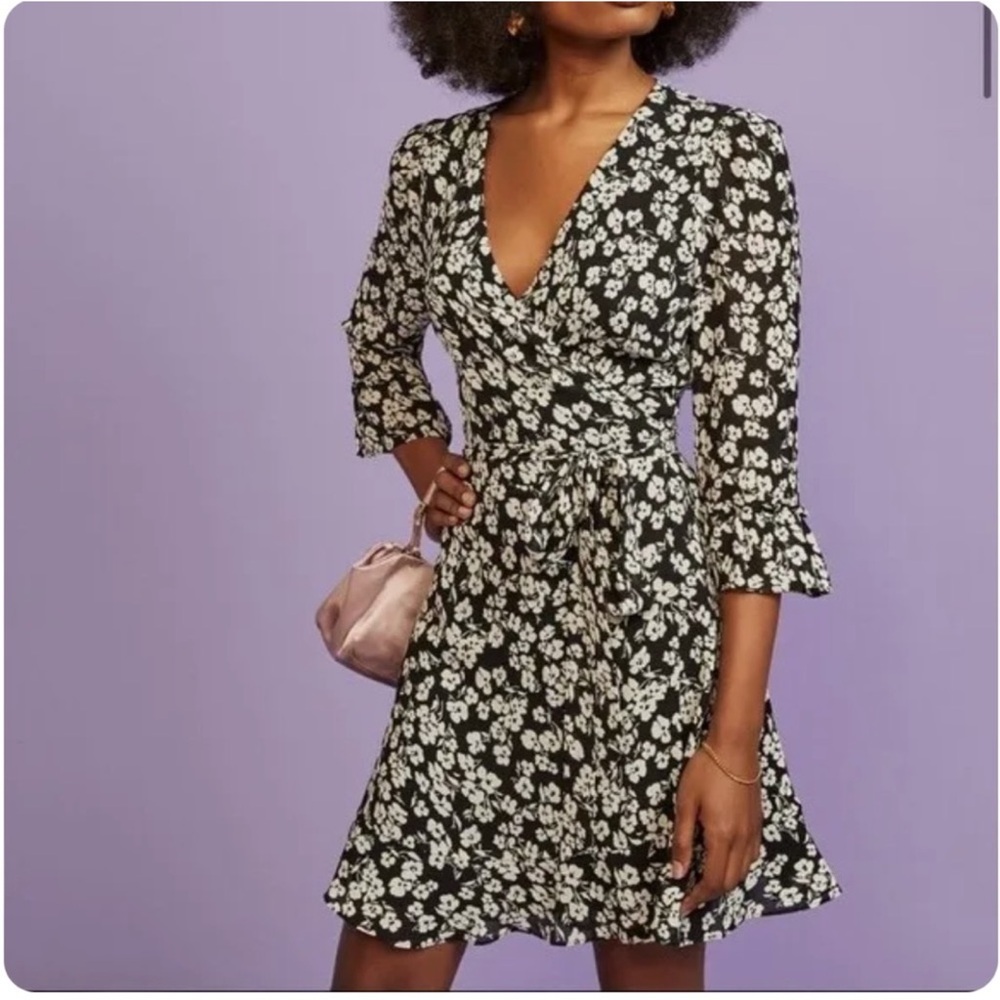 Reformation Black and White Floral Midi Sleeve Dress